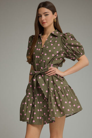 Entro Polka Dot Mini Dress- Olive & pink