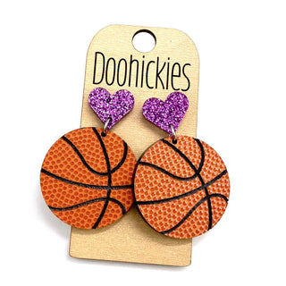 2" Custom I Heart Basketball Dangles - Sports Earrings: Purple