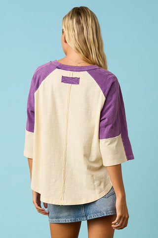 Football Patch Mineral Washed Color Block Top, purple