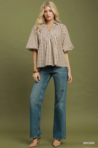 Umgee Gingham Smocked Yoke Blouse, Brown