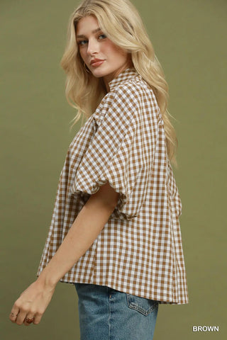 Umgee Gingham Smocked Yoke Blouse, Brown