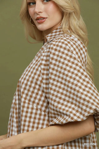 Umgee Gingham Smocked Yoke Blouse, Brown