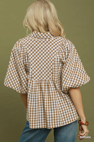 Umgee Gingham Smocked Yoke Blouse, Brown