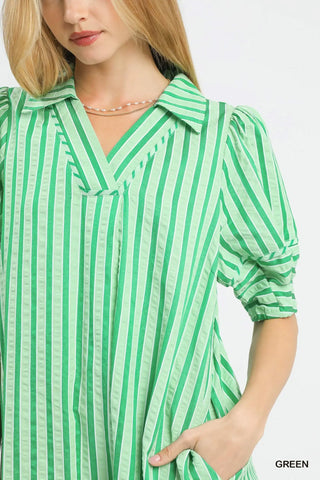 Umgee Striped Puff Sleeve Midi Dress, Green
