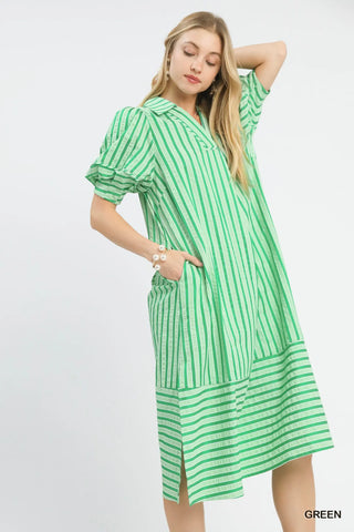 Umgee Striped Puff Sleeve Midi Dress, Green
