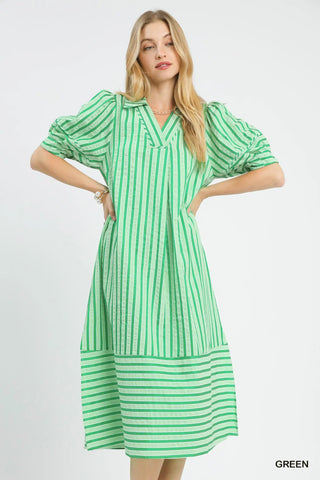 Umgee Striped Puff Sleeve Midi Dress, Green