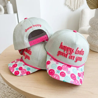 Happy Looks Good on You Embroidered Hat with Smiley Print