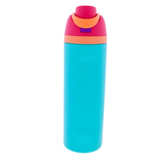 Blue water bottle with a colorful lid, featuring pink and orange accents.