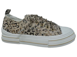 Low-top sneakers in natural leopard print with a thick white rubber sole and lace-up closure.