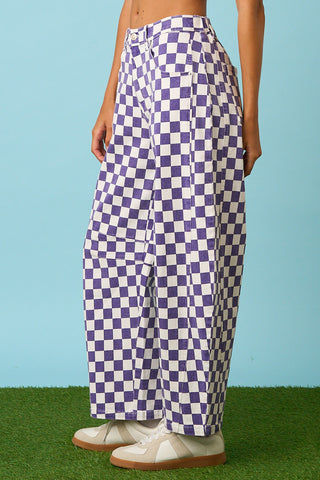 Game Day Checkered Elastic Waist Barrel Pants