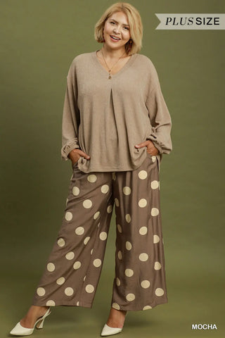 Umgee Polka Dot Wide Leg Crop Pants, Mocha Brown