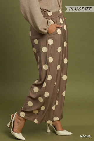 Umgee Polka Dot Wide Leg Crop Pants, Mocha Brown