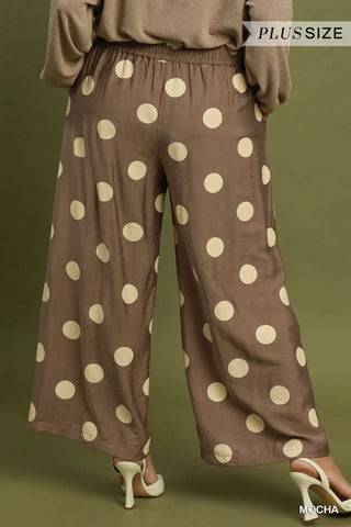 Umgee Polka Dot Wide Leg Crop Pants, Mocha Brown