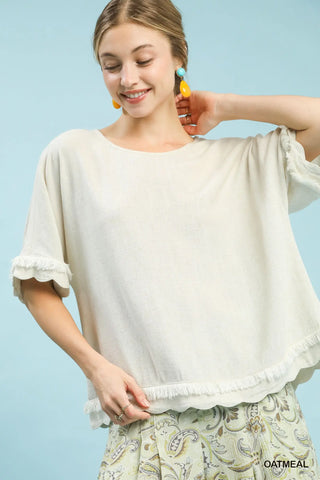 Umgee Linen Scallop Edge Top, Oatmeal