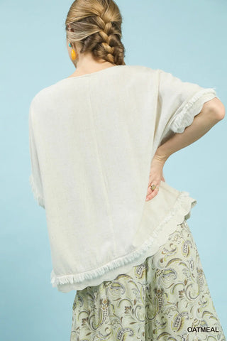Umgee Linen Scallop Edge Top, Oatmeal