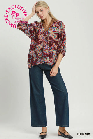 Umgee Paisley Print Boho Blouse, Plum