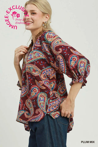 Umgee Paisley Print Boho Blouse, Plum
