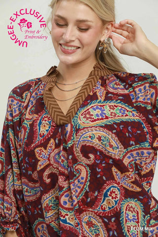Umgee Paisley Print Boho Blouse, Plum