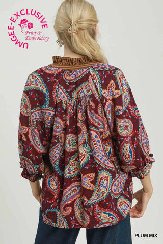 Umgee Paisley Print Boho Blouse, Plum