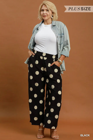 Umgee Polka Dot Wide Leg Crop Pants, Black