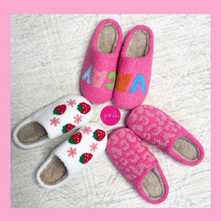 Cozy Slippers, Pink Vacay, Pink Leopard, Strawberries