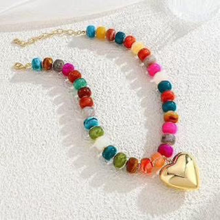 Colorful Beaded Necklace with Gold Heart