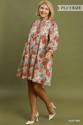 Umgee Floral Print Smocked Cuff Mini Dress, Rust