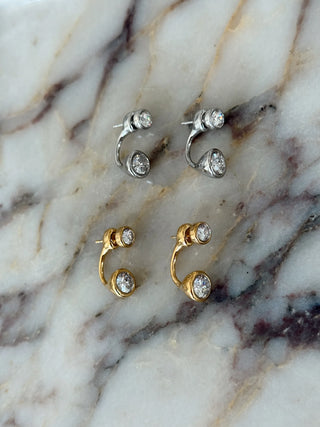 Pair of Chansuttpearls Sage Earrings in silver and gold with a double round crystal setting.