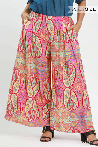 Umgee Plus Size Patterned Skirt Pants, Pink Mix